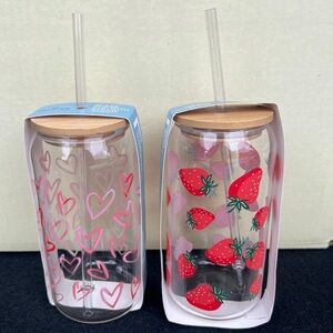 Valentines Heart and Strawberries Glass Tumbler Cup with straw